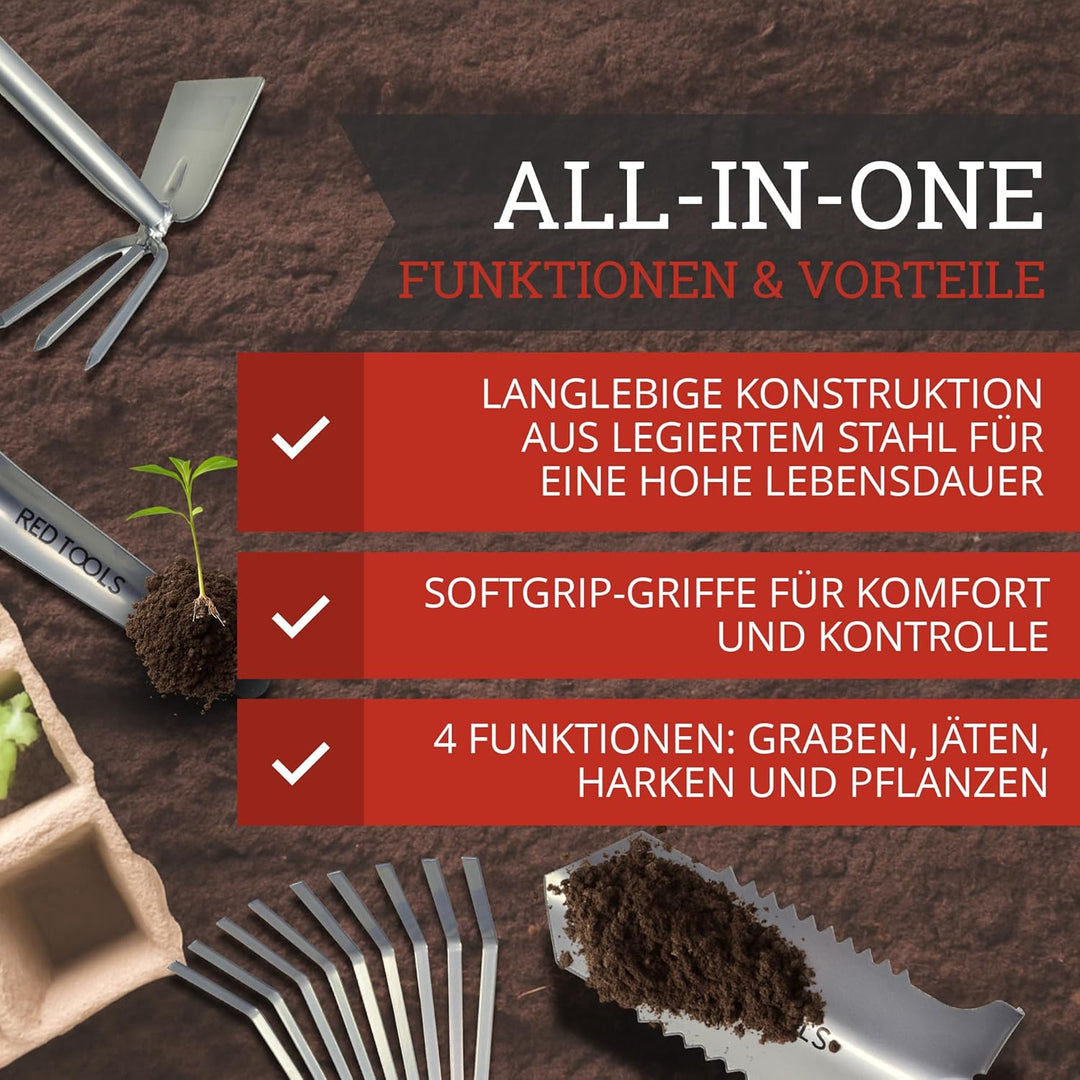 Red Tools Profi Garten -Set 4 TLG. - Multifunktions- Gartenschaufel mit Wurzelsäge, Kombihacke, Pfla