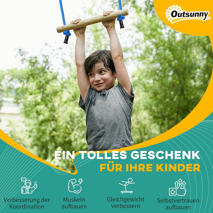 Outsunny Ninja Line Kinder 10m Slackline Set mit Hindernissen, Klettergerüst, Turnringe, Baumschutz,