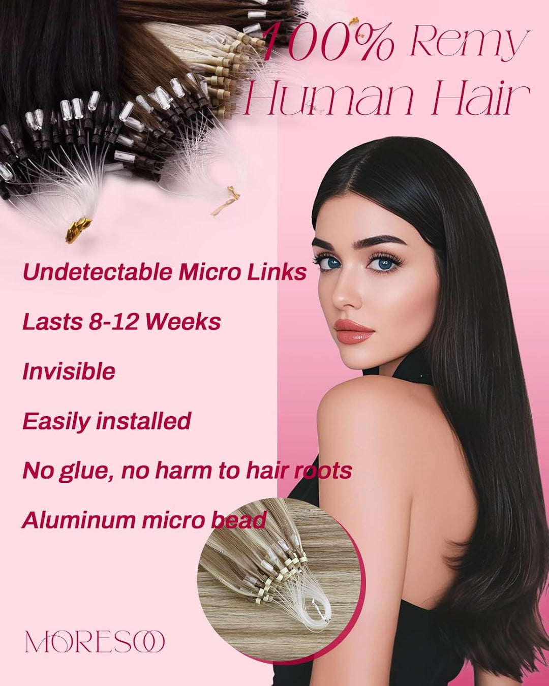 Moresoo Extensions Microring Echthaar 1g Cold Fusion Micro Ring Extensions Blond Strähnen 60cm Remy