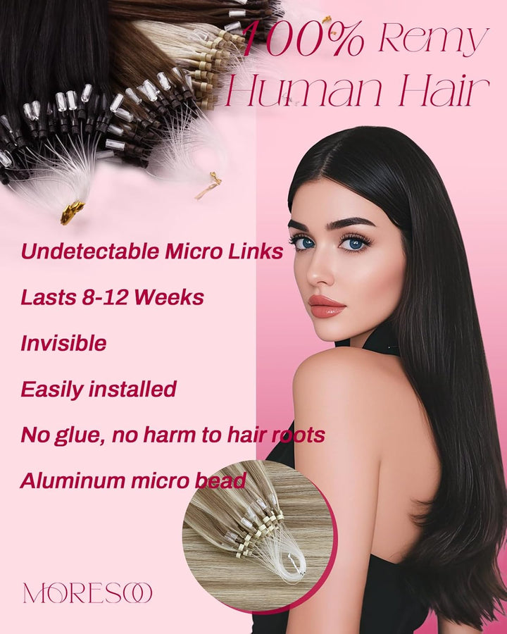 Moresoo Extensions Microring Echthaar 1g Cold Fusion Micro Ring Extensions Blond Strähnen 60cm Remy