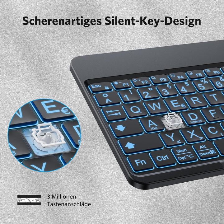 OMOTON Bluetooth Tastatur mit Grossem Druck für iOS/Android/Windows, QWERTZ Kabellose Tastatur für i