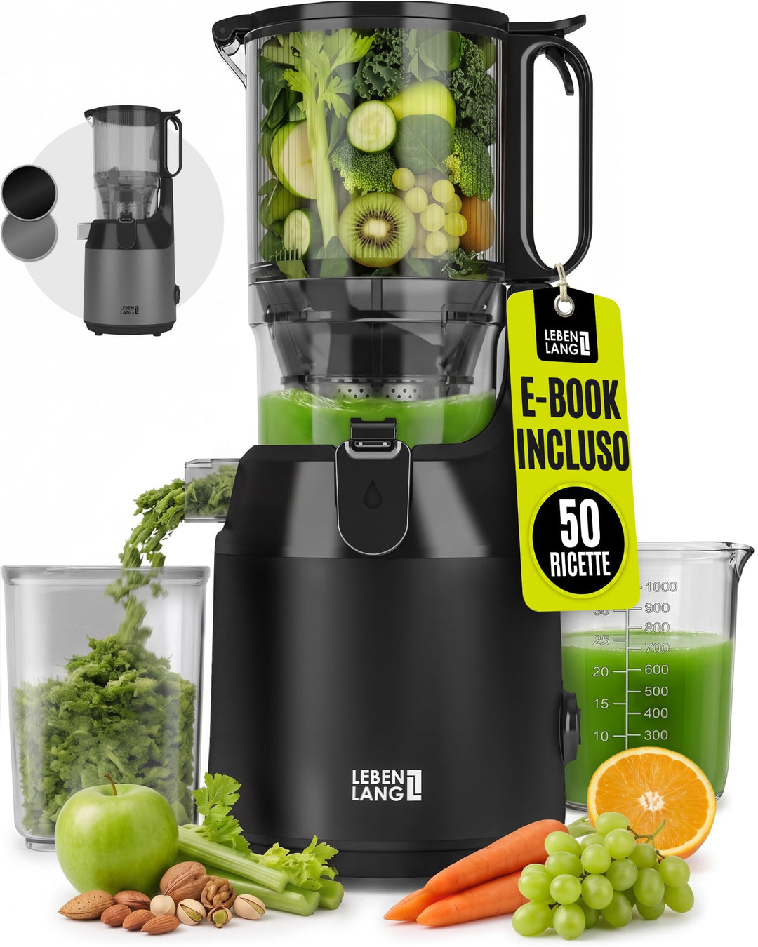 LEBENLANG Entsafter Slow Juicer - Inkl. Rezeptbuch &amp; Grosse 130mm Öffnung I Perfekt für Obst ganze F