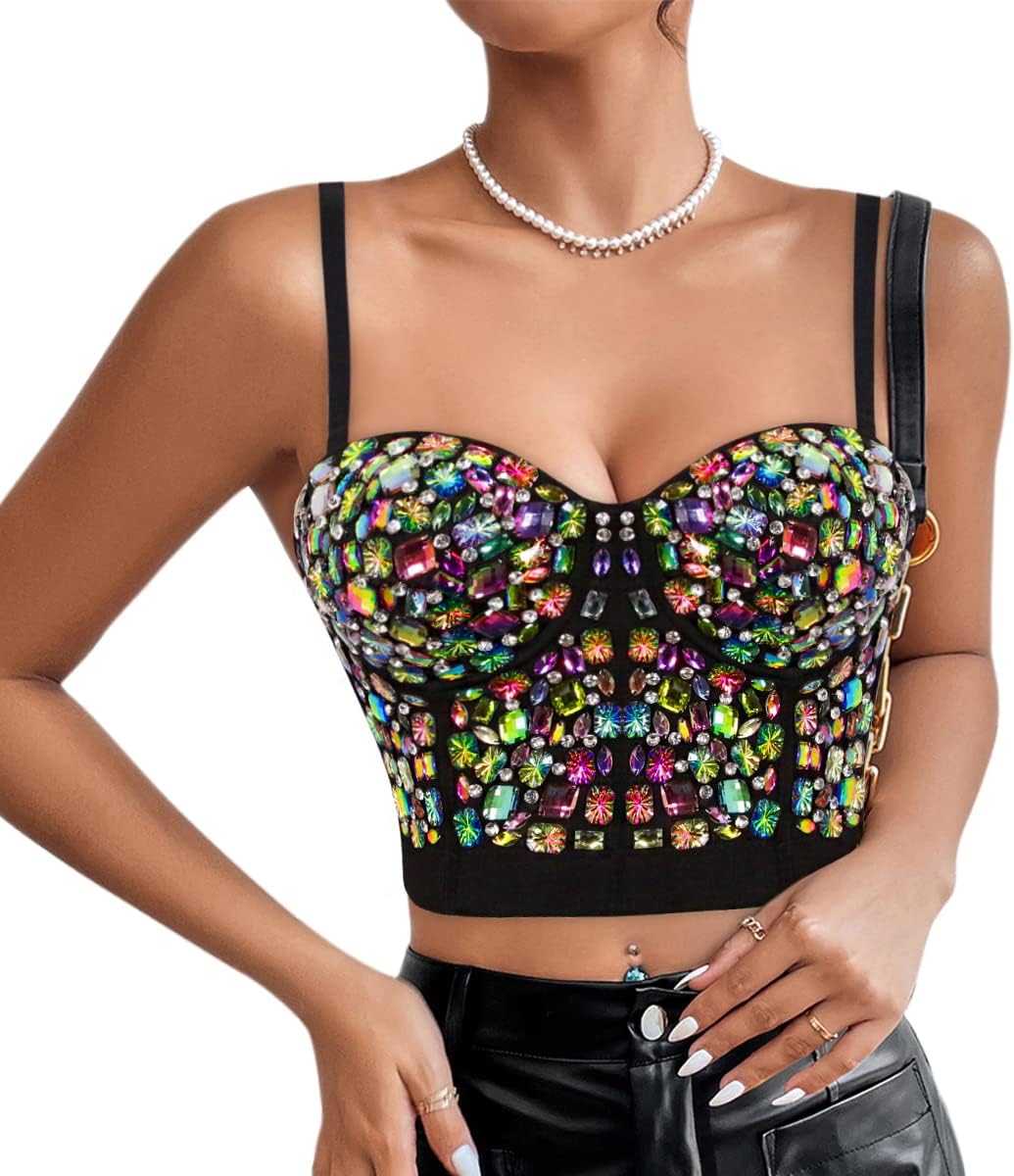 Naimo Damen Sexy Strass Bustier Push Up Crop Top Korsett BH Glitzer Kristall Tank Top Cami Weste Par