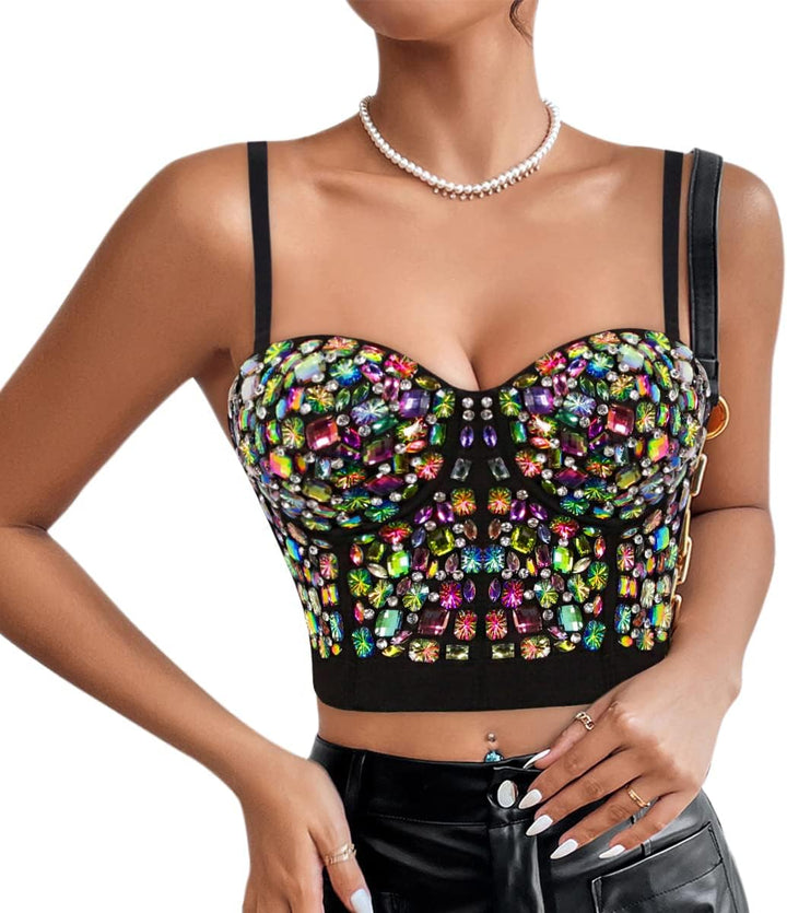 Naimo Damen Sexy Strass Bustier Push Up Crop Top Korsett BH Glitzer Kristall Tank Top Cami Weste Par