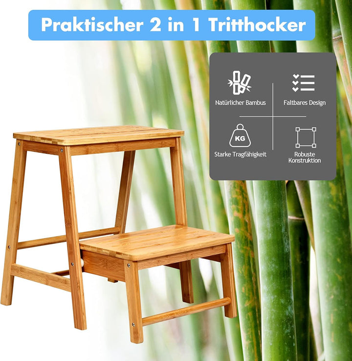 GOPLUS Klappbarer Tritthocker, 48cm hoch Fussbank aus Bambus bis 100 kg belastbar, Trittschemel mit