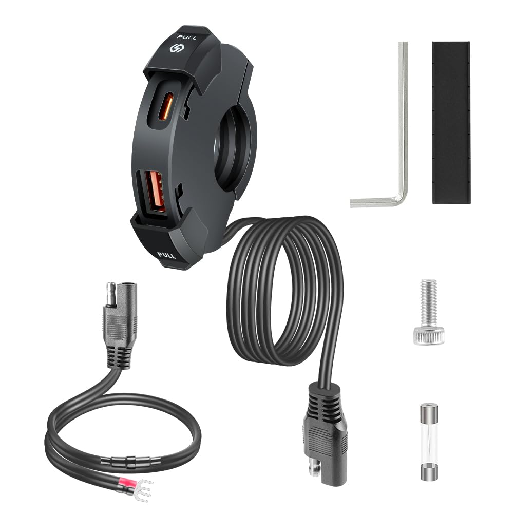 URAQT 48W USB C Steckdose 12V Motorrad Ladegerät, Moto Telefon Ladegerät, QC3.0 USB-A und Typ-C Wass