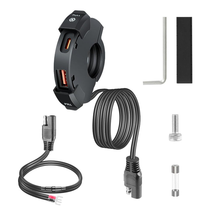 URAQT 48W USB C Steckdose 12V Motorrad Ladegerät, Moto Telefon Ladegerät, QC3.0 USB-A und Typ-C Wass