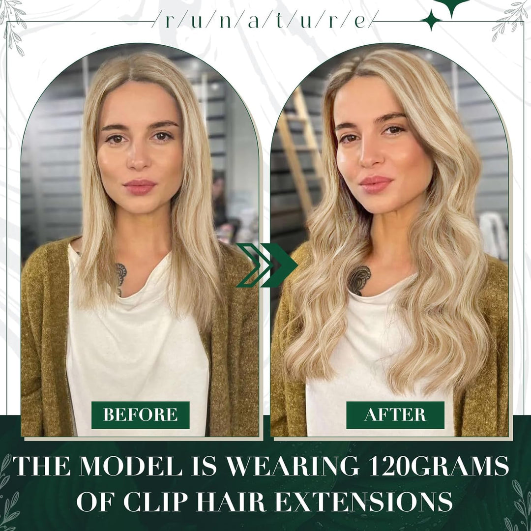 RUNATURE Clip in Extensions Echthaar Aschblond mit Platinblond Clip in Haarextension Echthaar Clips