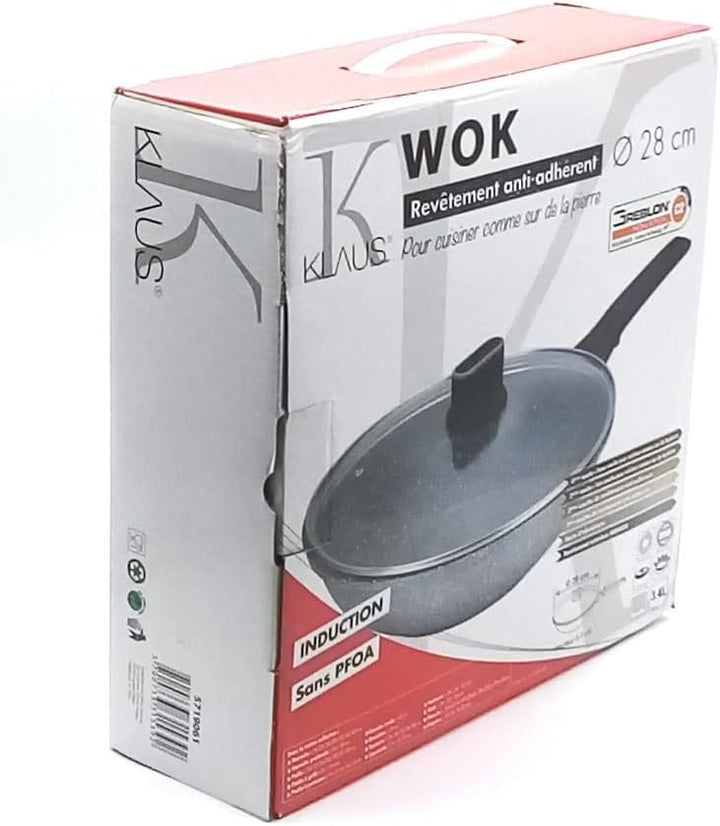 Wok-Pfannen in Steinoptik mit Deckel, hochwertig, antihaftbeschichtet, für alle Herdarten geeignet,
