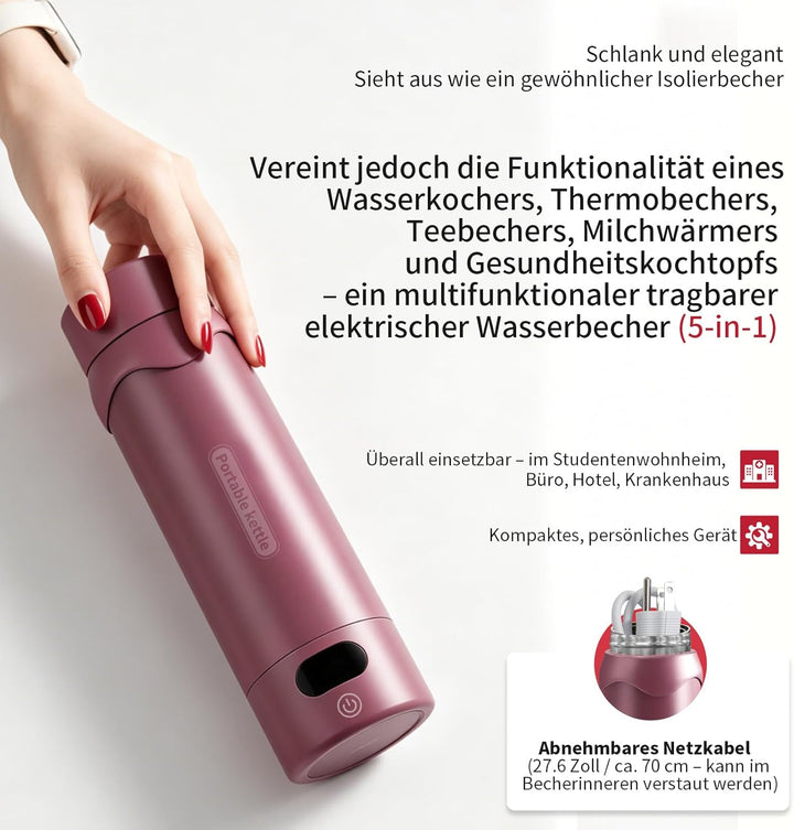 Elektrischer Reisewasserkocher mit 4 Temperaturstufen, 450ml Mini Wasserkocher aus 304 Edelstahl & V