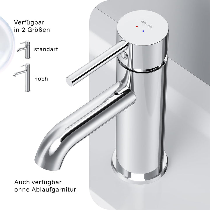 Wasserhahn Bad, Waschtischarmatur mit Klick-Ablaufgarnitur Chrom, Badarmatur aus Messing, Waschbecke