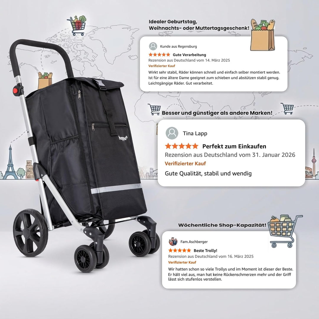 Hoppa – Einkaufstrolley | Grosser 74L klappbarer Einkaufswagen | Leichter 6-Räder-Trolley mit 5 Tasc