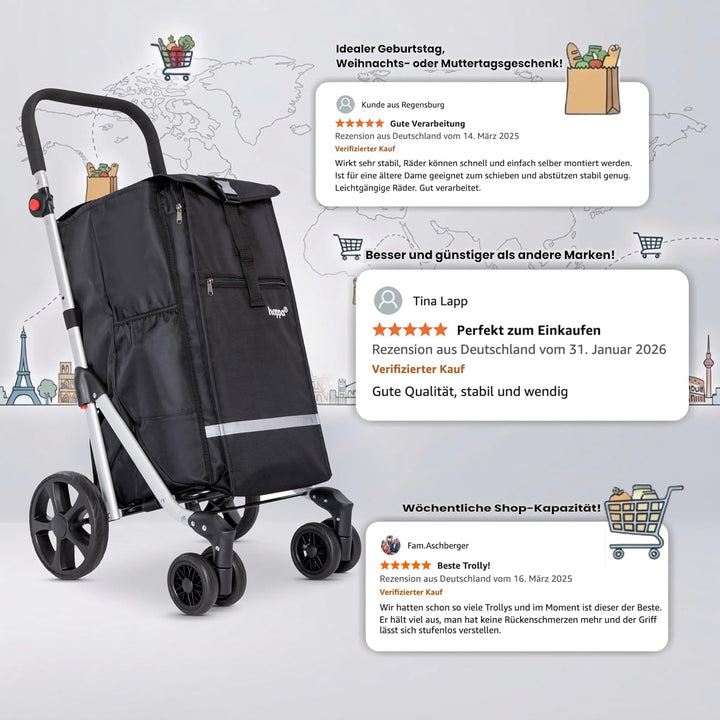 Hoppa – Einkaufstrolley | Grosser 74L klappbarer Einkaufswagen | Leichter 6-Räder-Trolley mit 5 Tasc