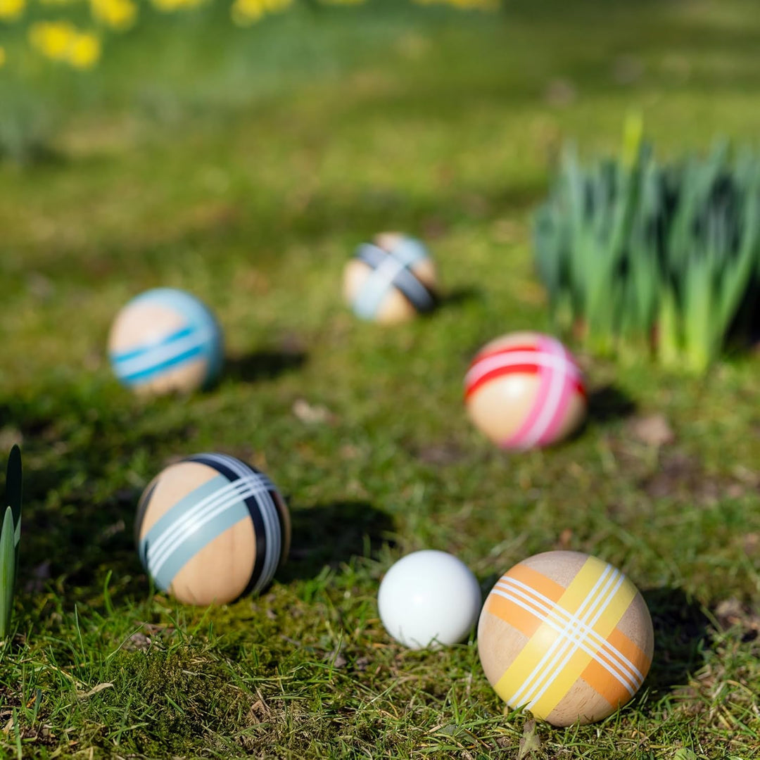 REMEMBER Boccia, Bocciakugeln: Ø 7.5 cm, Zielkugel: Ø 4.5 cm, Holz – Spiel Set für Garten, Strand &