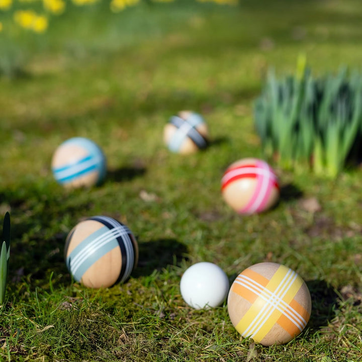 REMEMBER Boccia, Bocciakugeln: Ø 7.5 cm, Zielkugel: Ø 4.5 cm, Holz – Spiel Set für Garten, Strand &