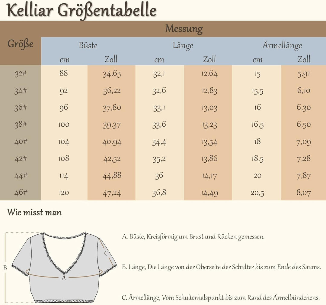 Kelliar Dirndlbluse Damen Trachtenbluse Creme Dirndl Bluse für Bavarian Oktoberfest 34 Creme-018, 34
