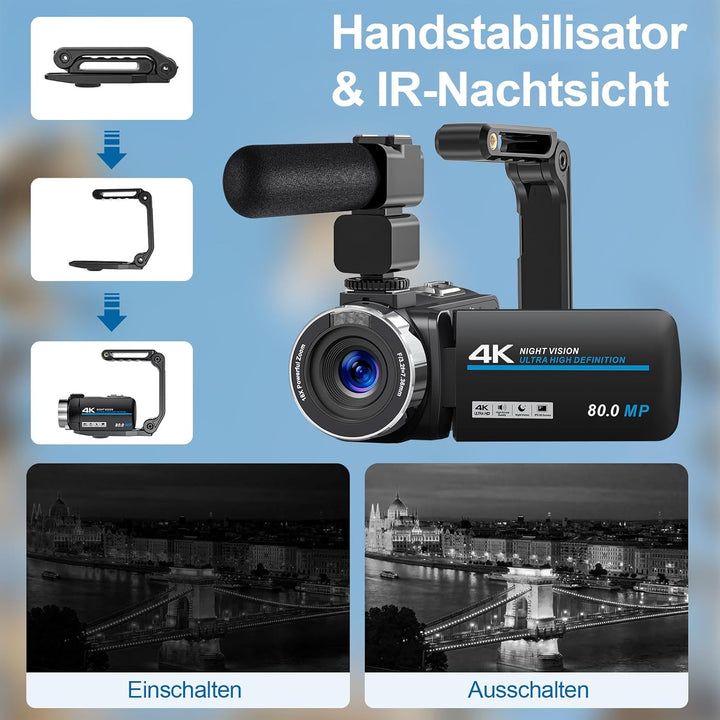 Videokamera 4K Camcorder, HD 80MP 30FPS IR Nachtversion Vlogging Kamera, 3.0-Zoll IPS Bildschirm 18X