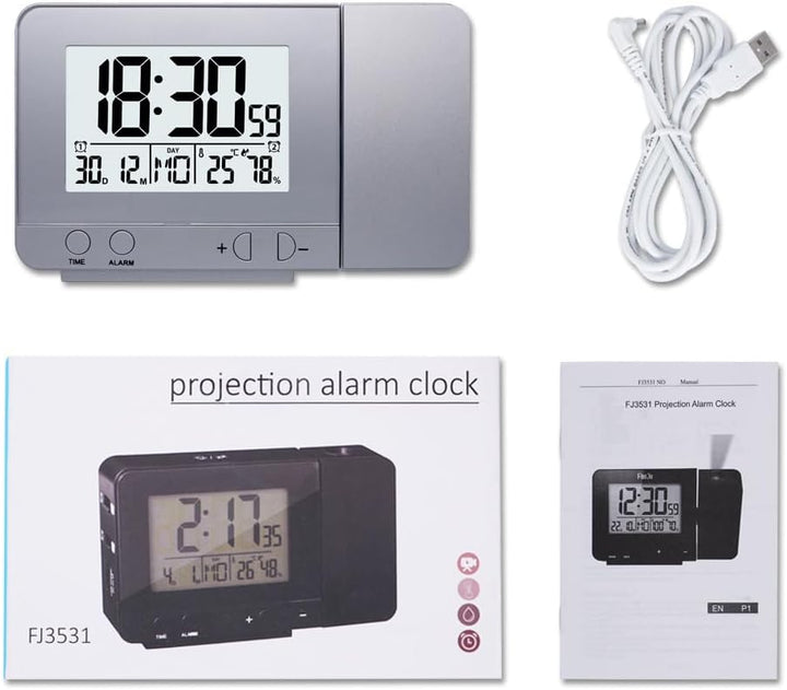 VORRINC Projektionswecker Digital Uhr mit USB Anschluss, Innentemperaturanzeige und Datumsanzeige, 4