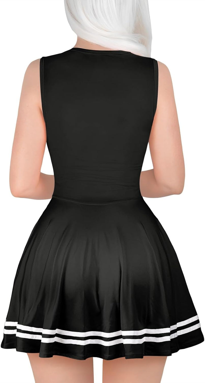 LittleForBig Damen Seidenweichen Ärmellose Overall Cheer Sissy Bodycon Mini Kleid Rock XS Schwarz, X