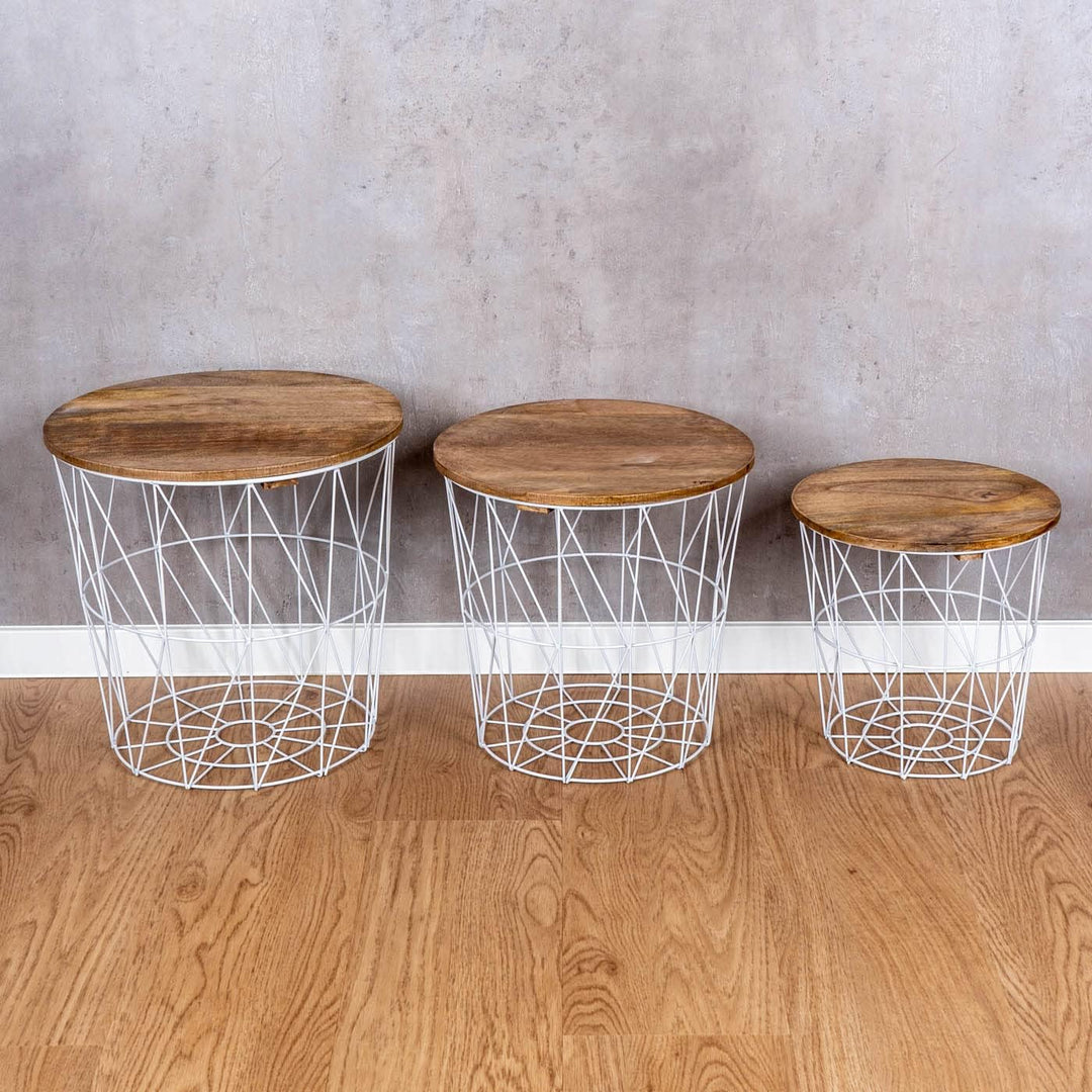 levandeo 3er Set Beistelltisch Metall Metallkorb Weiss Mango Couchtisch Holz Deckel Deko Aufbewahrun