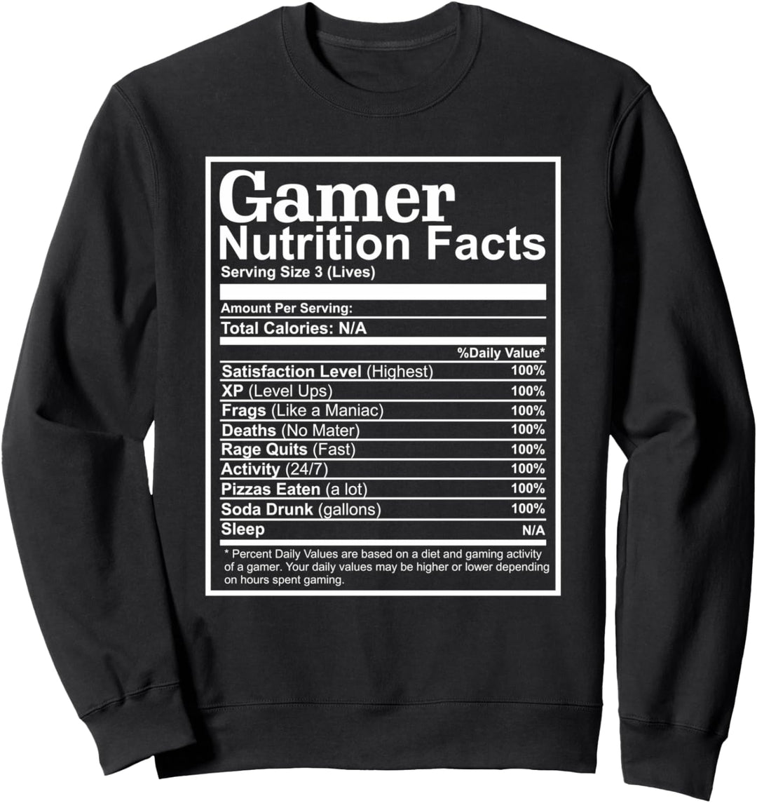 Funny Gamer Nutrition Facts Gaming Chart Pizzas Eating Cool Sweatshirt