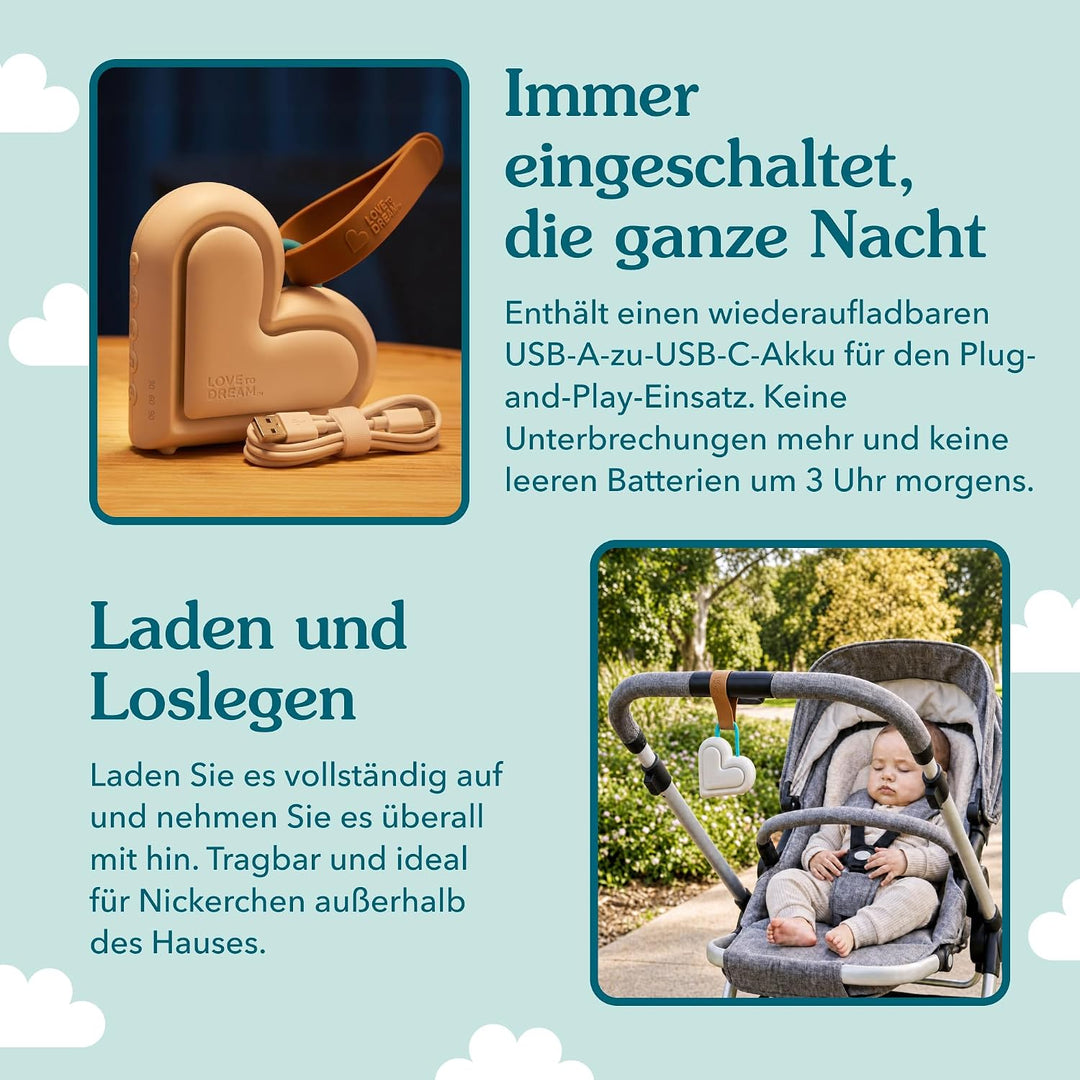 Love To Dream™ Tragbares Babyschlafgerät | Weisses Rauschen & Schlaflieder | 9 beruhigende Babygeräu