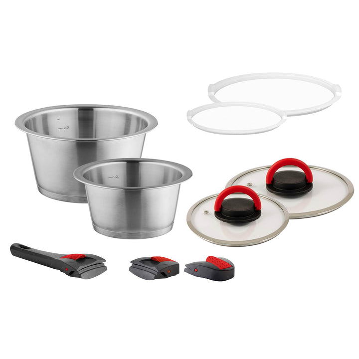 Topfset Induktion 9-teilig 18 & 20 cm mit Glasdeckel, Frischhaltedeckel & abnehmbaren Griffen, Edels
