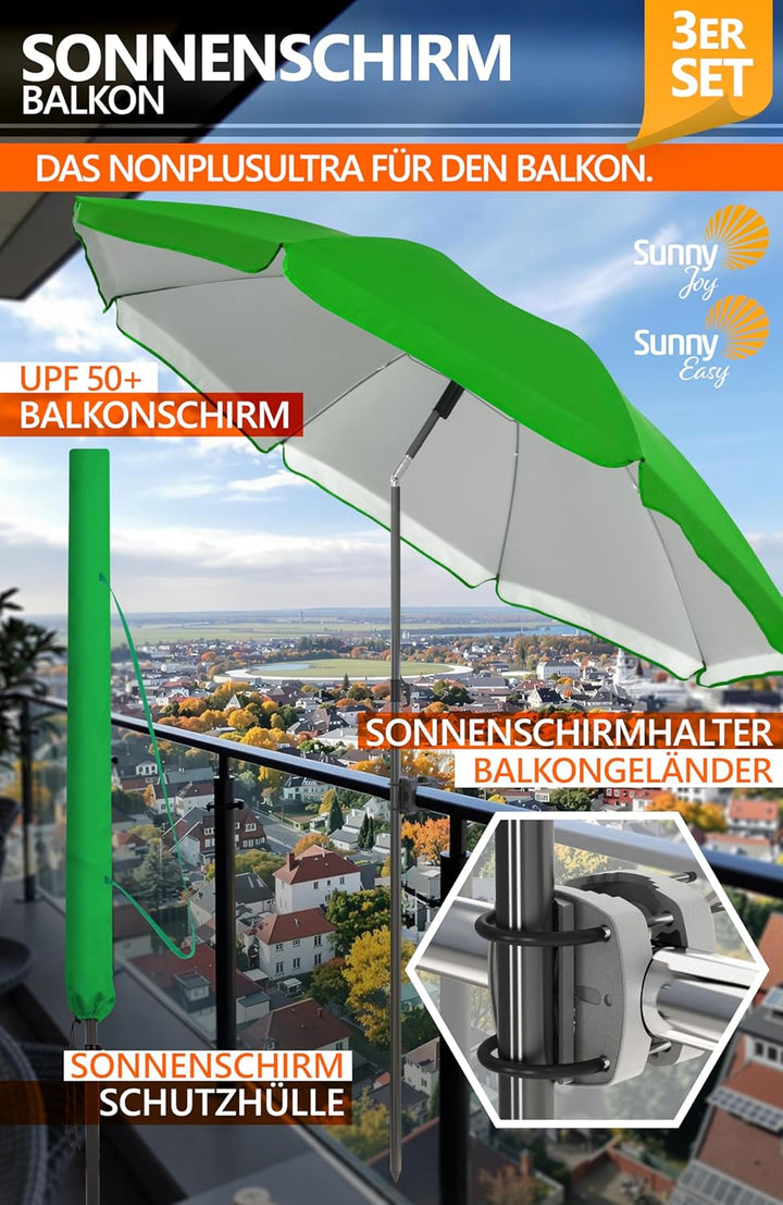 4smile Sonnenschirm Balkon SunnyJoy im 3er-Set - UPF 50+ Balkon Schirm 160 cm + Sonnenschirmhalter B
