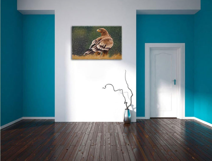 Pixxprint Einsamer Falke mit braunem Gefieder Kunst Buntstift Effekt, Format: 100x70 auf Leinwand, X
