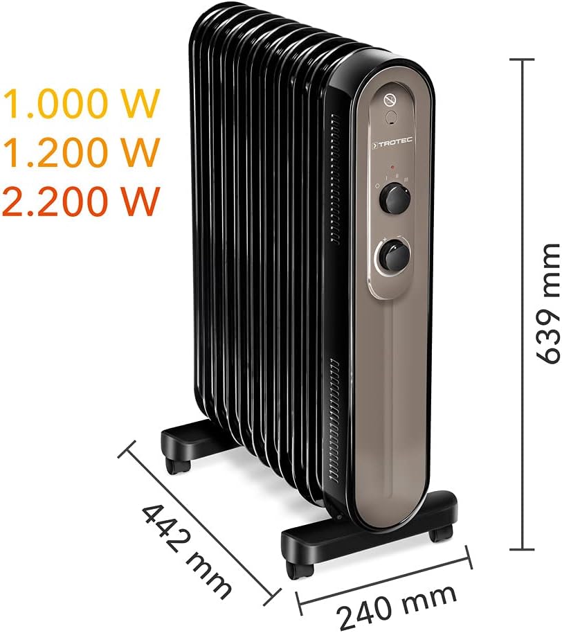 TROTEC Ölradiator TRH 24 E – Heizleistung 1000 W / 1200 W / 2200 W – Elektro Heizkörper, 11 Rippen,