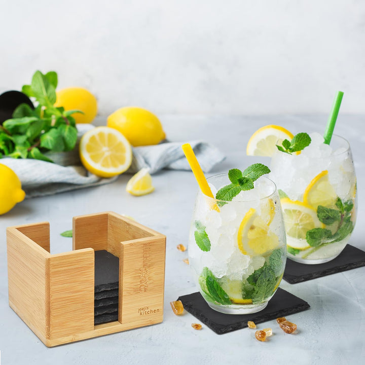 Joeji's Kitchen 10er Set Stein Schiefer Untersetzer für Getränke mit Bambus Halter - Hitzebeständige