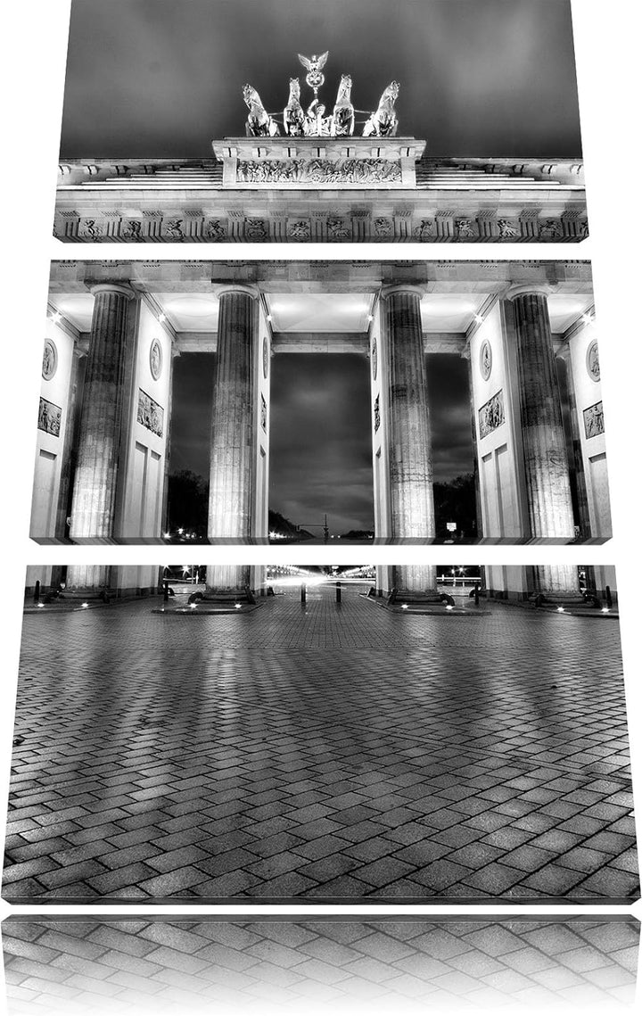 Pixxprint Monocrome, erleuchtetes Brandenburger Tor 3-Teiler Leinwandbild 120x80 Bild auf Leinwand
