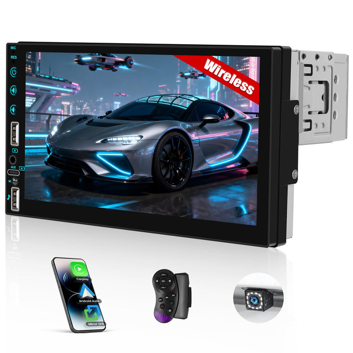 CAMECHO Autoradio 1 Din Wireless Carplay Android Auto Bluetooth Radio mit 7 Zoll LED Touchscreen mit