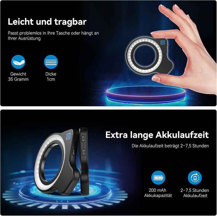 APEXEL 37/52-mm-Gewinde-Makroobjektiv-Aufhellleuchte mit Klemme, 45 Beleuchtungsmodi, Geeignet für M