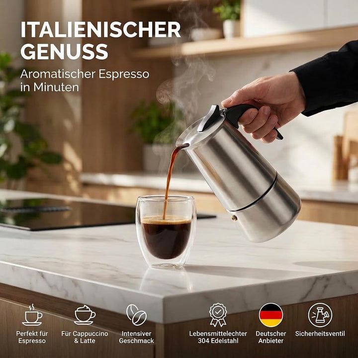 Coffee Fox® Espressokocher aus Edelstahl - Kaffeebereiter Kaffeekocher Espresso-Kanne (9 Tassen - 45