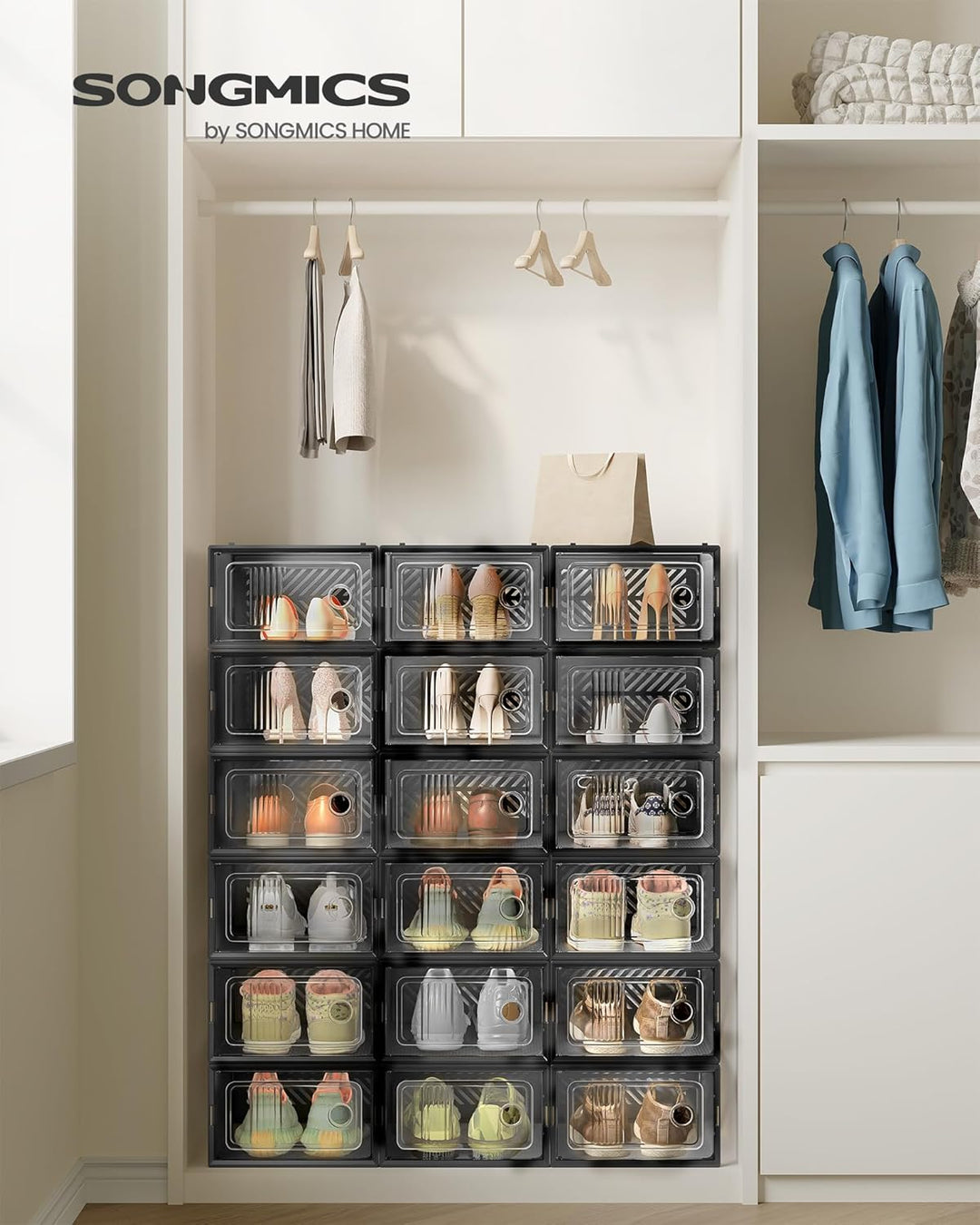 SONGMICS Schuhboxen, 18er Set, Aufbewahrungsbox für Schuhe, robust, faltbar und stapelbar, für Schuh