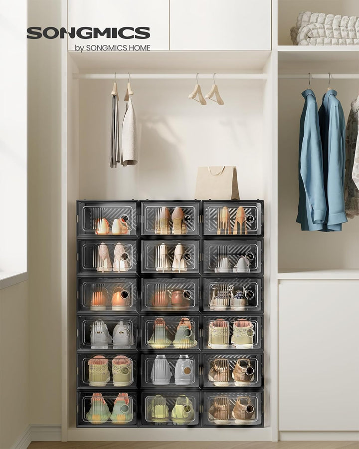 SONGMICS Schuhboxen, 18er Set, Aufbewahrungsbox für Schuhe, robust, faltbar und stapelbar, für Schuh
