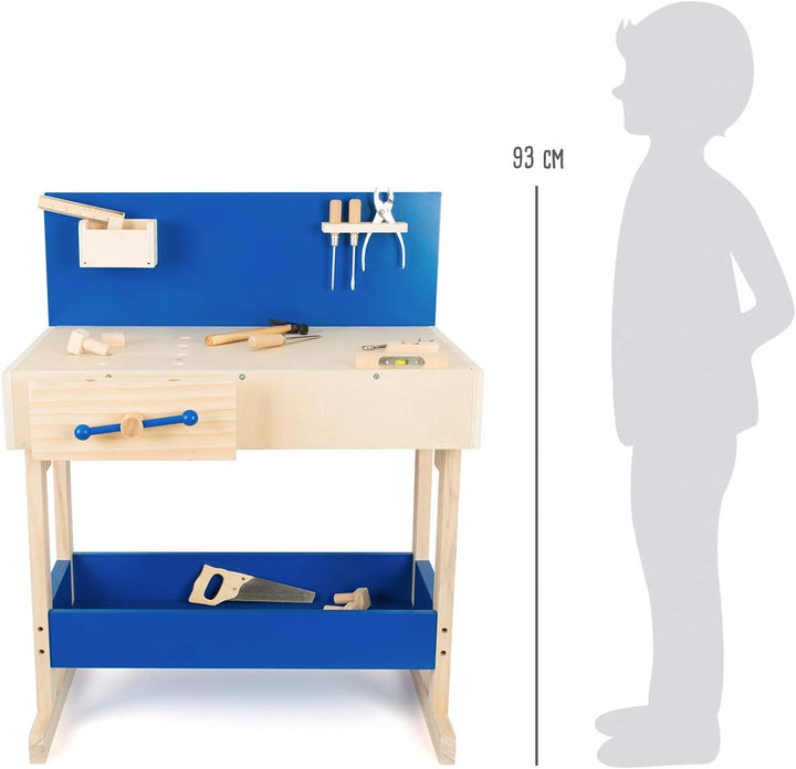 Small Foot Kinder Werkbank in Natur und Blau aus Holz, mit grosser Arbeitsfläche und Werkzeug, ab 8