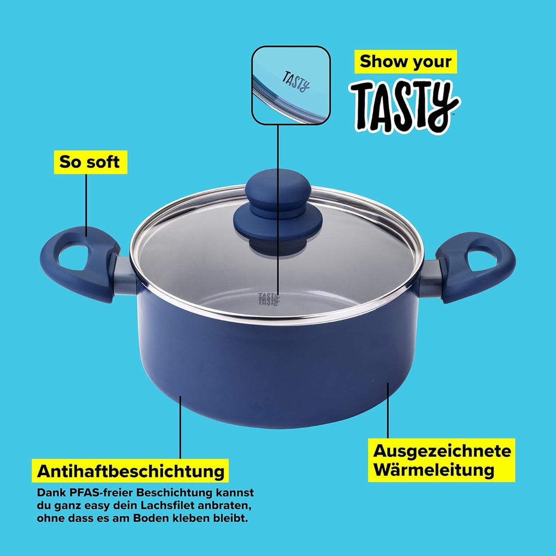 Tasty Antihaft-Kochtopf mit Glasdeckel und Öldosiersystem, 20cm, 3500ml – Gepresstes Aluminium, für