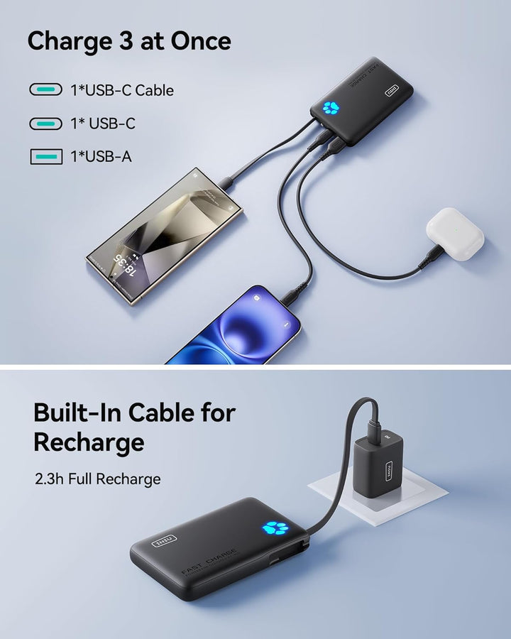 INIU Power Bank, Minigrösse 20W 10000mAh PowerBank mit Integriertem USB-C Kabel, PD3.0 QC4.0 USB C I