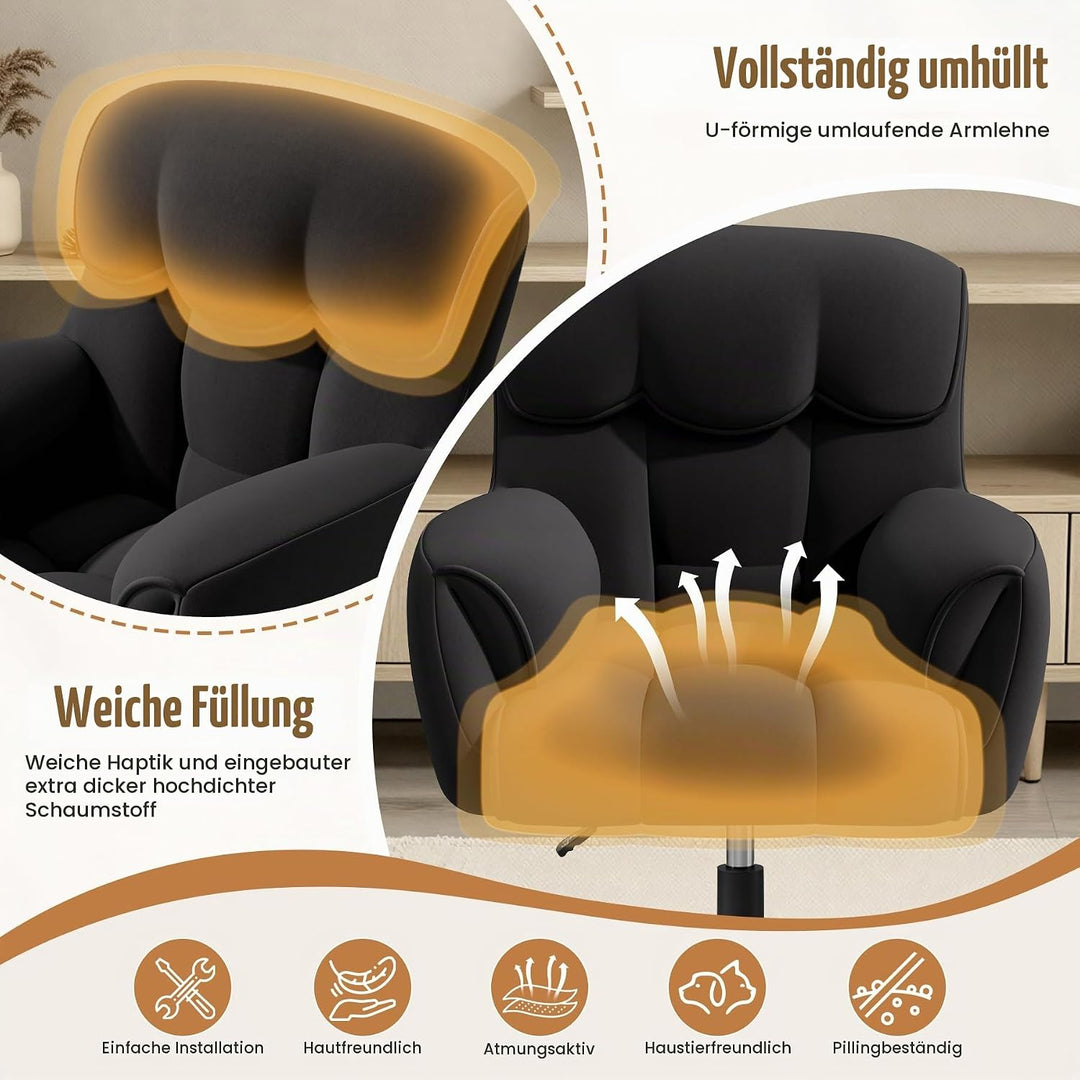 Ergonomischer Bürostuhl, Höhenverstellbarer Schreibtischstuhl mit Armlehnen, 360° Drehfunktion, Samt