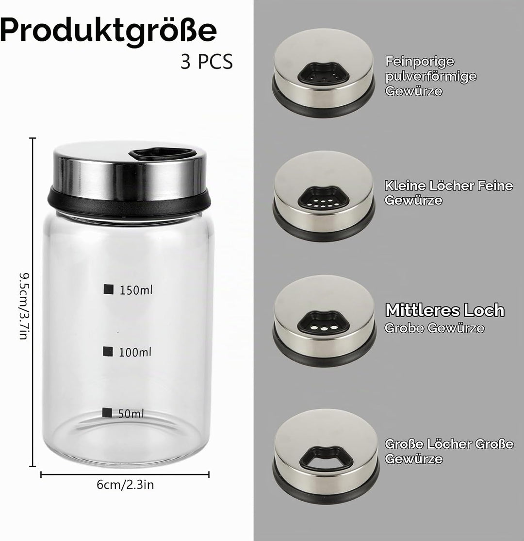 3 Stück Gewürzgläser mit Drehdeckel 150ml Gewürzstreuer Glas 6x9,5cm Luftdicht Gewürzdosen mit 4 Art