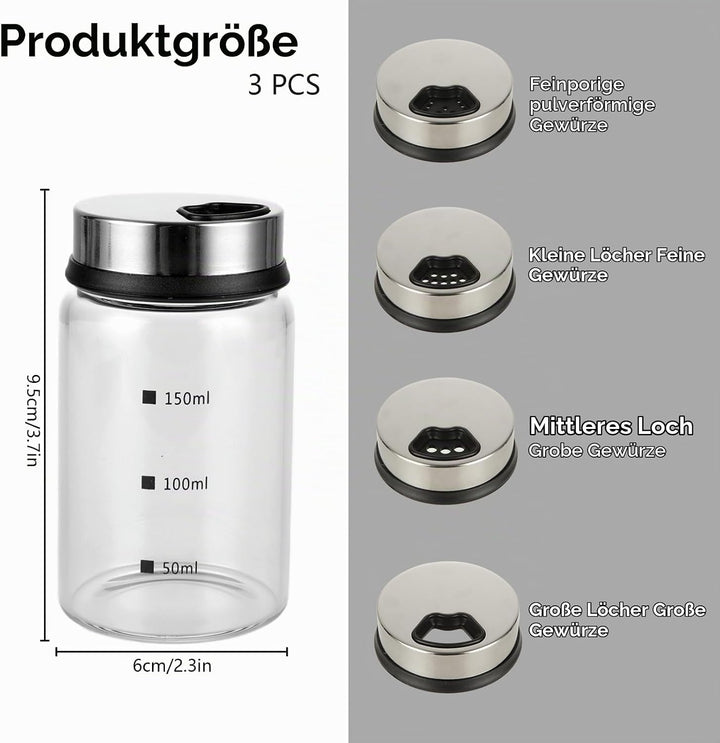 3 Stück Gewürzgläser mit Drehdeckel 150ml Gewürzstreuer Glas 6x9,5cm Luftdicht Gewürzdosen mit 4 Art
