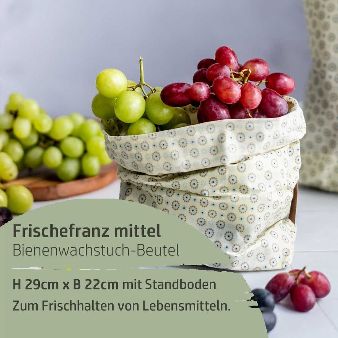 Kumanu | Bio-Bienenwachstuch - Beutel FRISCHEFRANZ mittel 28x22cm | handgemacht in Tirol | mit Stand
