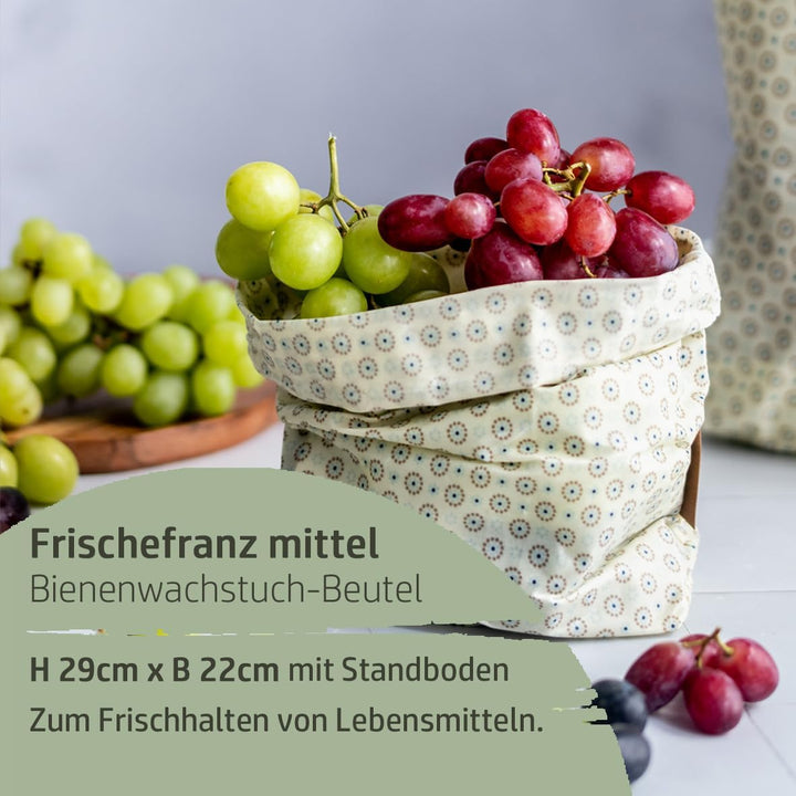 Kumanu | Bio-Bienenwachstuch - Beutel FRISCHEFRANZ mittel 28x22cm | handgemacht in Tirol | mit Stand