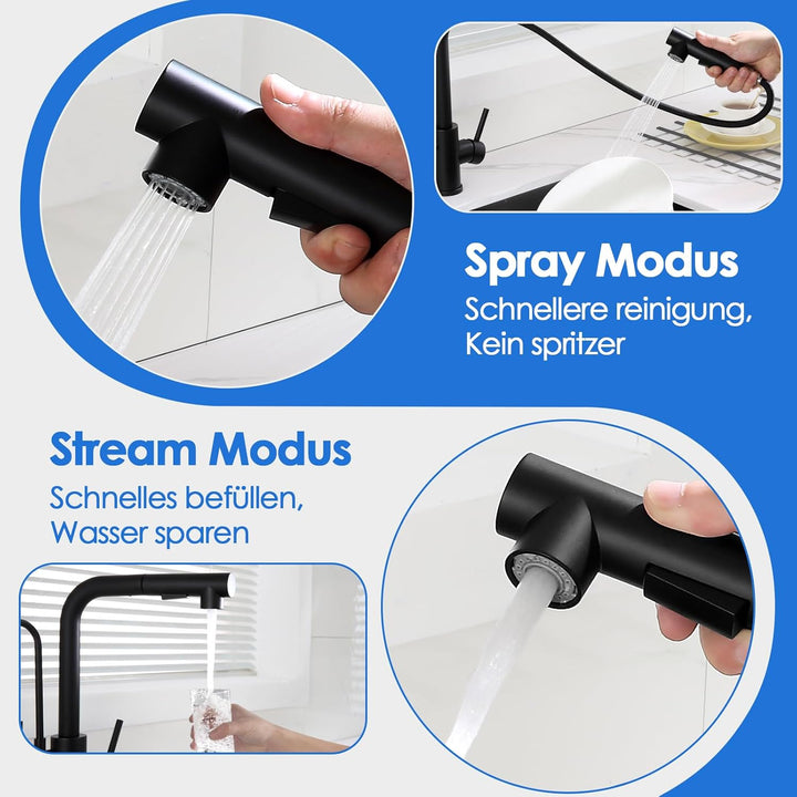 ROVOGO 3 Wege Wasserhahn Küche Edelstahl 304 mit Herausziehbare Dual-Spülbrause, Hochdruck Schwarz K