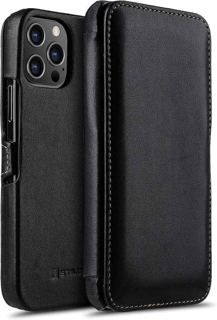 STILGUT Book Case kompatibel mit iPhone 12 Pro Max (6.7“) Hülle aus Leder mit Clip-Verschluss, Klapp