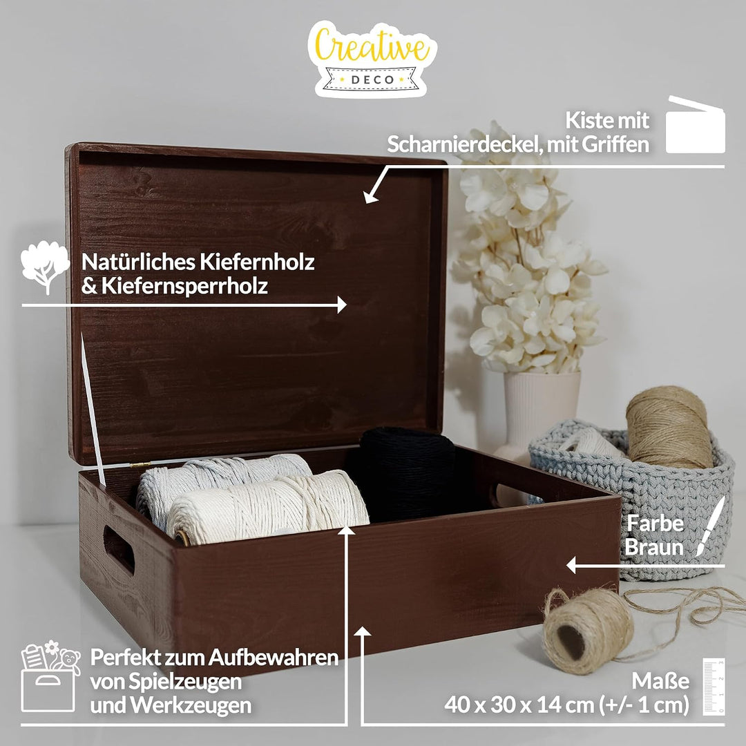 Creative Deco XL Braun Grosse Holzkiste mit Deckel | 40 x 30 x 14 cm (+/- 1 cm) | Erinnerungsbox Bab