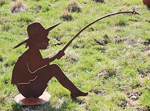 STEINFIGURENWELT GIEBEN Gartenfigur Angler Manni mit Fisch 60x90cm auf Platte Edelrost Gartendeko We