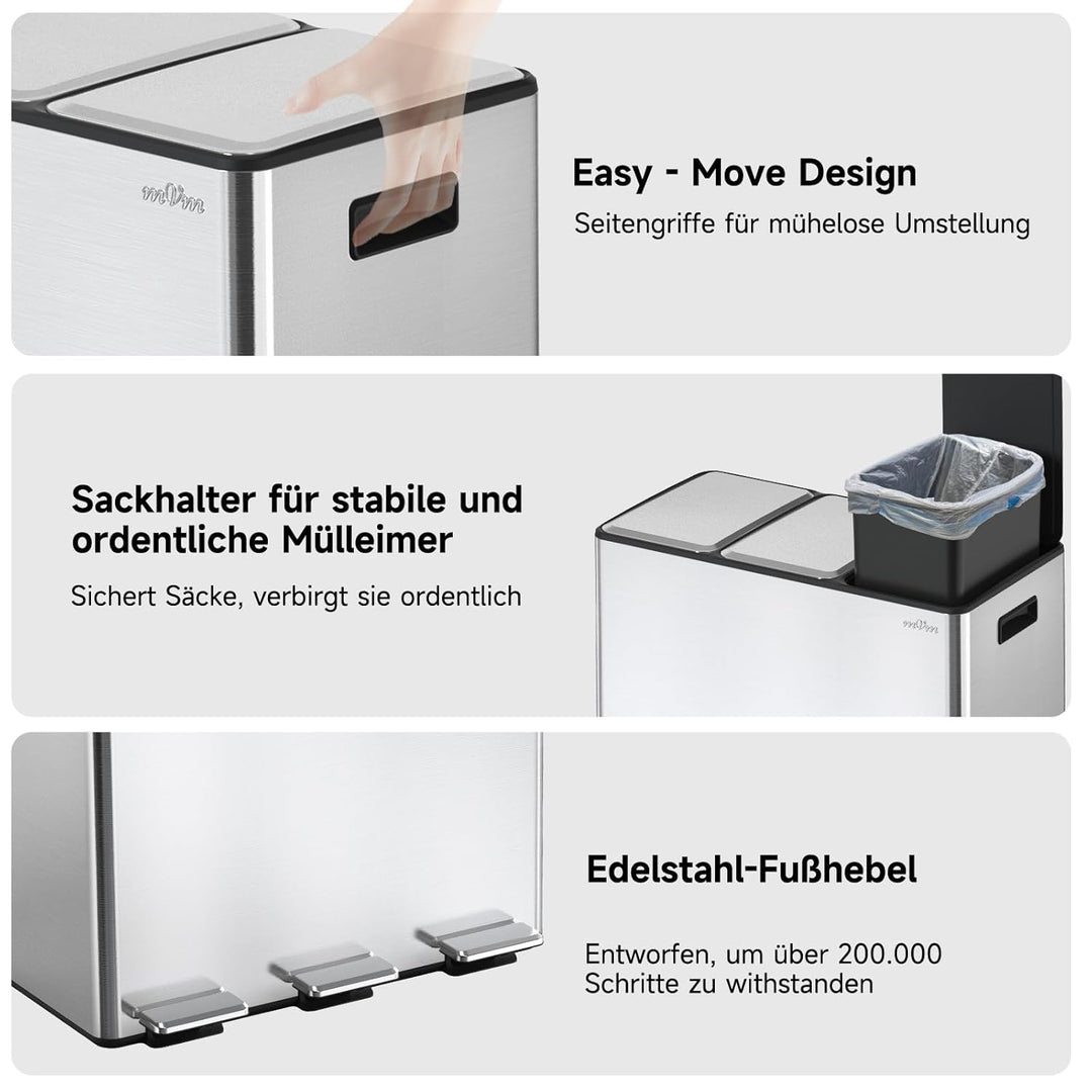 mVm Mülleimer Küche,45 Liter Treteimer,3 x 15 Liter Treteimer, 3 Fächer, Mülltrennsystem, Abfalleime